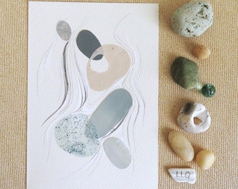 Minimalist semi-abstract collage and mixed media pebbles on the shore