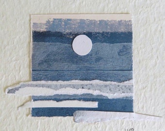 Moon over the misty ocean original mixed media paper collage coastal minimalist seaside art