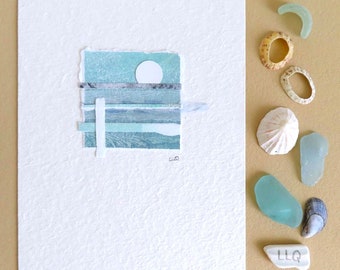 Ocean and moonlight original mixed media paper collage coastal minimalist seaside art