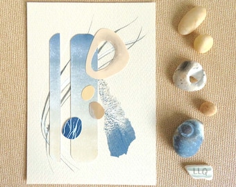 Minimalist semi-abstract collage and mixed media pebbles and shoreline