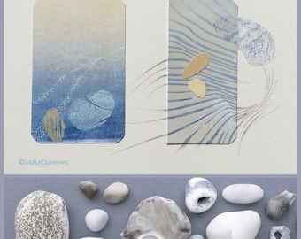 Original lino print and mixed media collage pebbles on the shore coastal art