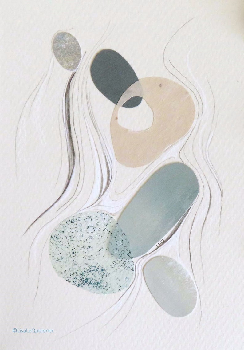 Minimalist semi-abstract collage and mixed media pebbles on the shore image 2