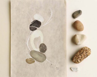 Original lino print and mixed media neutral minimalist pebbles on the shore coastal art