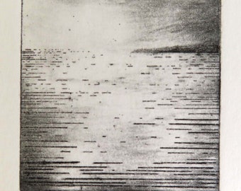 Original etching print of light on the ocean with headland in the distance no.2 of a limited edition of 65