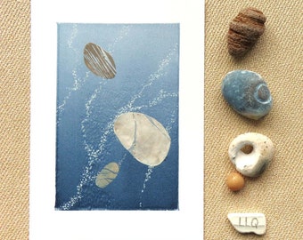 Monoprint and mixed media original art of pebbles submerged in the sea from a series
