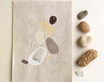 Original lino print and mixed media minimalist pebbles on the shore coastal art series A4