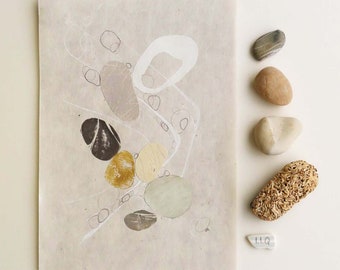 Original lino print and mixed media minimalist pebbles on the shore coastal art