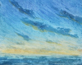 Original collagraph print with mixed media sun setting over the ocean dusk in summer coastal art