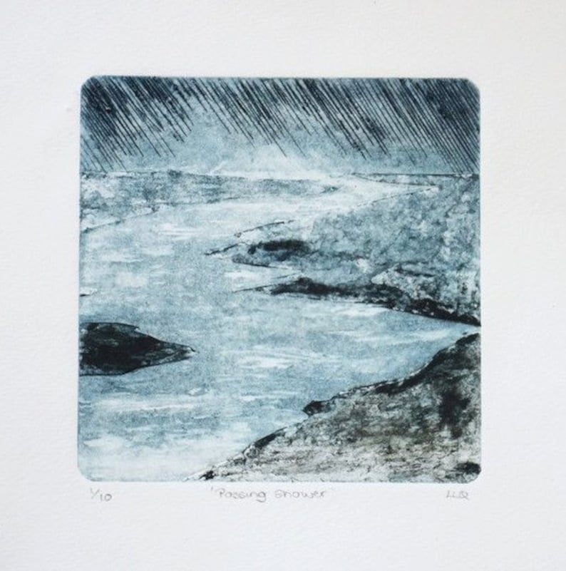 Original collagraph print rain storm thunder handmade print limited edition