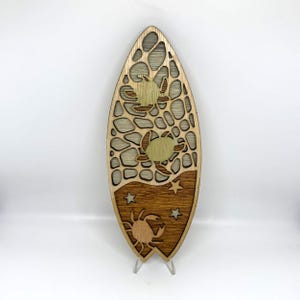 Layered Wood Surfboard Wall Art: Sea Turtle Beach House Decor