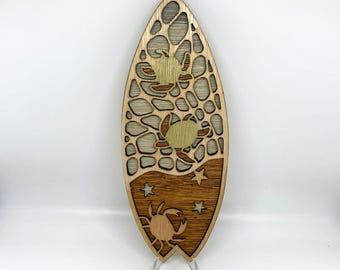 Layered Wood Surfboard Wall Art: Sea Turtle Beach House Decor