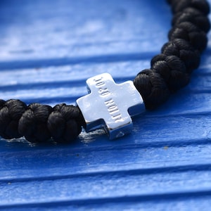 33-Knot Black Rattail Komboskini - Orthodox Prayer Rope - Silver Panagia Mount Athos Cross Bead