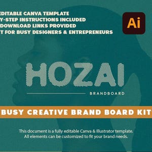 Peut inclure: Graphique turquoise avec le mot "HOZAI" en blanc, un kit de tableau de marque. Comprend des icônes Canva et Illustrator, et le texte : "FULLY EDITABLE CANVA TEMPLATE", "STEP-BY-STEP INSTRUCTIONS INCLUDED", et "BUSY CREATIVE BRAND BOARD KIT".