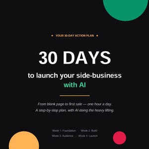 Peut inclure: Graphique noir avec le texte "30 JOURS pour lancer votre side-business avec l'IA". Le design comprend un cercle vert, un cercle orange et un cercle rouge. Le texte dit aussi "Votre plan d'action de 30 jours."