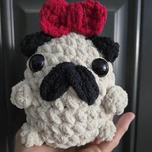 Pug plushie-red bow-gift for pug lovers -pug owners-handmade-crochet-cute pug gifts