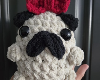 Pug plushie-red bow-gift for pug lovers -pug owners-handmade-crochet-cute pug gifts
