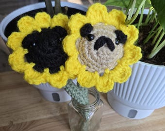 Pug- sunflowers-pugs-handmade-crochet-gift-pug lovers-novelty gift-cute pug gifts