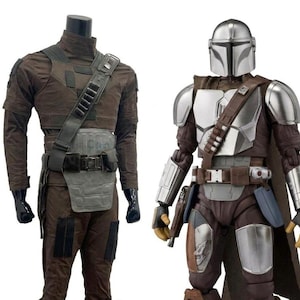 May include: Two detailed costumes from The Mandalorian. One is a brown outfit with a utility belt and shoulder strap. The other is a silver and brown Mandalorian armour with a helmet, shoulder pads, and a utility belt. Both are displayed on mannequins.