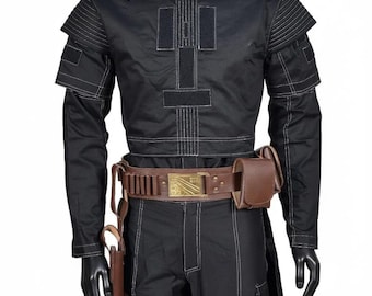 Traje de vuelo de Boba Fett: Traje de cosplay de Mandaloriano negro con chaleco antibalas acolchado y cinturón con funda marrón - Conjunto de cazarrecompensas de Star Wars
