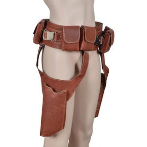 May include: Brown leather utility belt with multiple pouches and a thigh holster. The belt features a metal buckle and is designed to be worn around the waist. The pouches are rectangular and secured with flaps.