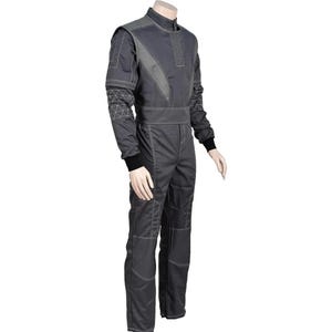 May include: A dark gray racing suit with contrasting light gray panels and white stitching. The suit features a high collar, long sleeves with black cuffs, and reinforced knee panels. The design includes geometric patterns on the shoulders and upper arms.