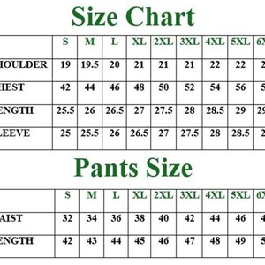 May include: A size chart for clothing, with measurements for shoulder, chest, length, and sleeve. The chart also includes pants size measurements for waist and length, ranging from size S to 6XL. The text is in green.
