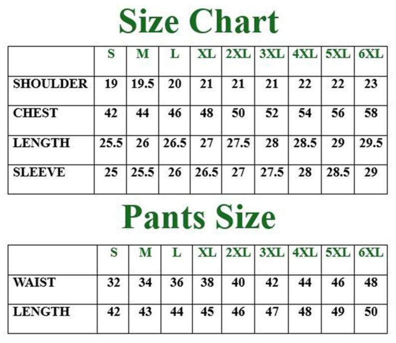May include: A size chart for clothing, with measurements for shoulder, chest, length, and sleeve. The chart also includes pants size measurements for waist and length, ranging from size S to 6XL. The text is in green.