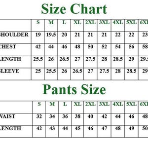 May include: A size chart for clothing, displaying measurements for shoulders, chest, length, and sleeve. The chart includes sizes from S to 6XL, with measurements in inches. The pants size chart includes waist and length measurements.