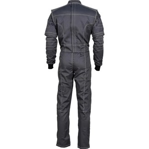 May include: A gray racing suit with white stitching details. The suit features a full-body design with long sleeves, a stand-up collar, and black cuffs. The stitching creates a grid-like pattern on the shoulders and chest, and runs along the arms and legs.