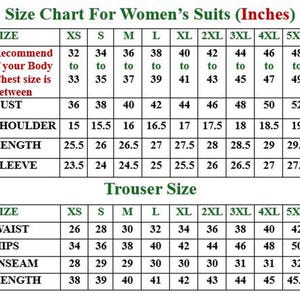 May include: Size chart for women's suits, displaying measurements in inches. Includes bust, shoulder, length, and sleeve measurements for suit jackets, and waist, hips, inseam, and length for trousers. Sizes range from XS to 5XL.