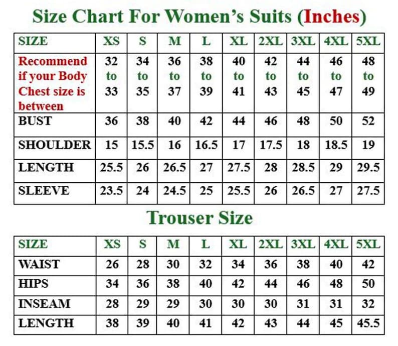 May include: Size chart for women's suits, displaying measurements in inches. Includes bust, shoulder, length, and sleeve measurements for suit jackets, and waist, hips, inseam, and length for trousers. Sizes range from XS to 5XL.