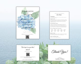 May include: A set of wedding stationery featuring a blue hydrangea design. The invitation includes the names "Charlotte & William" and the wedding date. Other cards include RSVP and thank you notes.