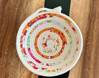 Small Rope Bowl Jewelry Bowl Fabric Wrapped Rope Basket Orange Red Floral