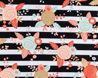 Piper Floral Fabric. Pink Fabric. Gold Cotton Fabric. Mint Cotton. Black & White Striped Fabric. Sold by 1/2 Yard Continuous Increments.