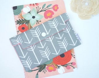 Coupon / Receipt Holder / Cash Wallet / Jewelry Pouch / Phone Case - Arrows on Grey. Coral.
