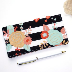 Checkbook Cover Piper Floral Stripe, Checkbook Holder Cash Wallet, Black Receipt Holder, Fabric Checkbook Cover, Gift For Her image 1