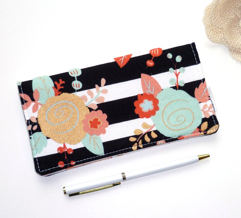 Checkbook Cover Piper Floral Stripe, Checkbook Holder Cash Wallet, Black Receipt Holder, Fabric Checkbook Cover, Gift For Her image 1