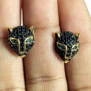 Black Diamond & Emerald Panther Handmade Yellow Gold Plated Stud Unique Earrings 925 sterling silver base metal, Cute Earring