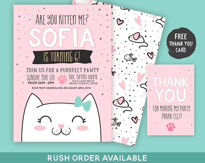 Cat Birthday invitation, Kitty Cat Birthday, Cat Invitation, Are you kitten me Invitation