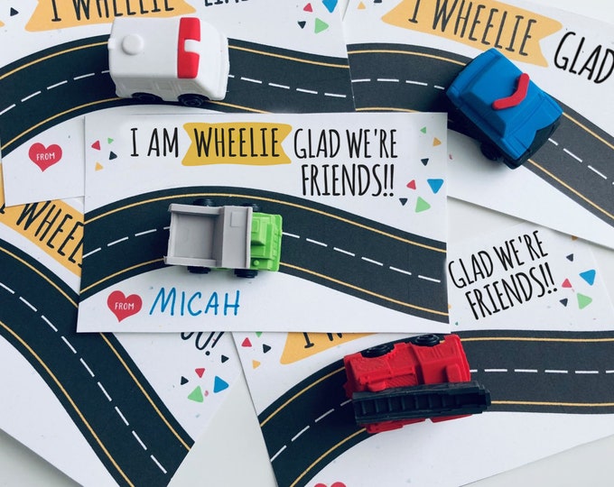 Kids Valentine, Kid Valentine Cards, I am wheelie glad we're friends valentine, Car Valentine, Valentine's Day Card