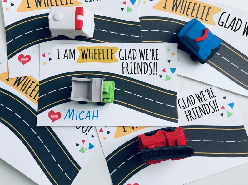 Kids Valentine, Kid Valentine Cards, I am wheelie glad we're friends valentine, Car Valentine, Valentine's Day Card 