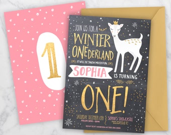 Inbjudan till Vinter Onederland, Födelsedagsinbjudan till Flicka Onederland, Inbjudan till Vinterns första födelsedag, Onederland-fest, Rosa Onederland