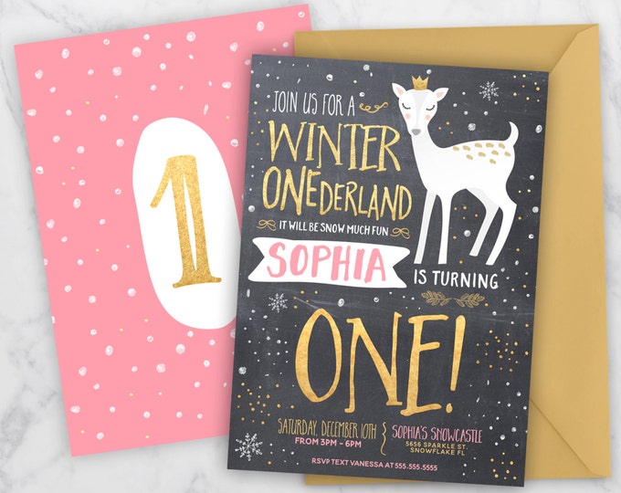 Winter Onederland Invitation, Girl One-derland Birthday Invitation, Winter First Birthday Invitation, Onederland Party, Pink Onederland