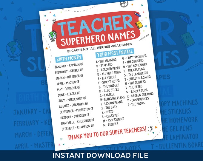 Teacher Appreciation Printable Sign | Super Hero Name Sign | Teacher Super Hero Name | Teacher Gift  | Teacher Thank You