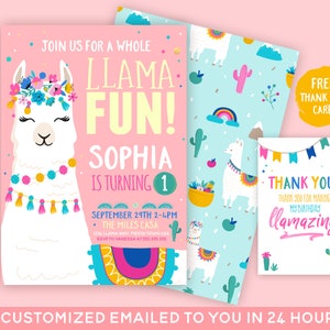 Llama birthday invitation, A Whole Llama Fun, llama Party, llama First Birthday