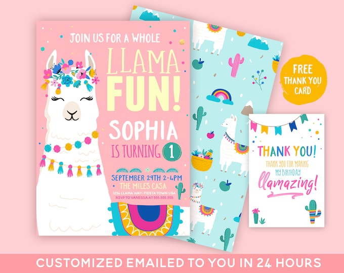 Llama birthday invitation, A Whole Llama Fun, llama Party, llama First Birthday