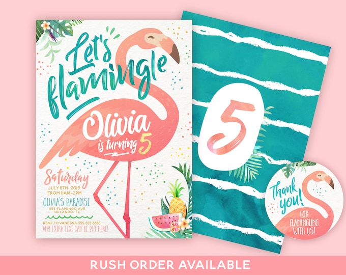 Tropical Birthday Party Invitation, Flamingo Invitation, Flamingo Birthday Invitation