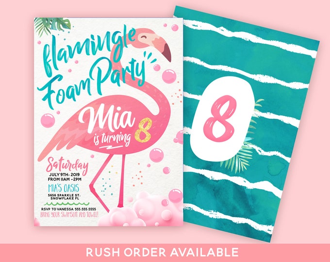 Foam Birthday Party Invitation, Flamingo Foam Invitation, Bubble Birthday Party, Foam Party