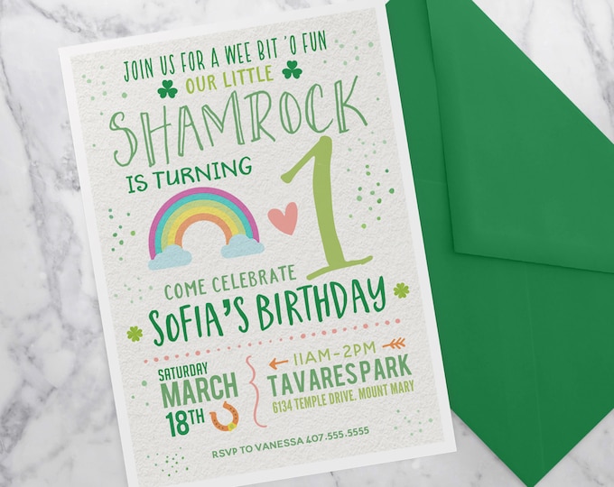 St. Patrick's Day Birthday Invitation, Little Shamrock Girl birthday Pink, St Patricks Day Party Invitations with picture