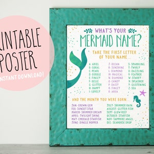 Mermaid Party Game, Printable "What's Your Mermaid Name" Game, Mermaid Birthday Party, Baby Shower, Mermaid Name Sign 8x10 INSTANT DOWNLOAD